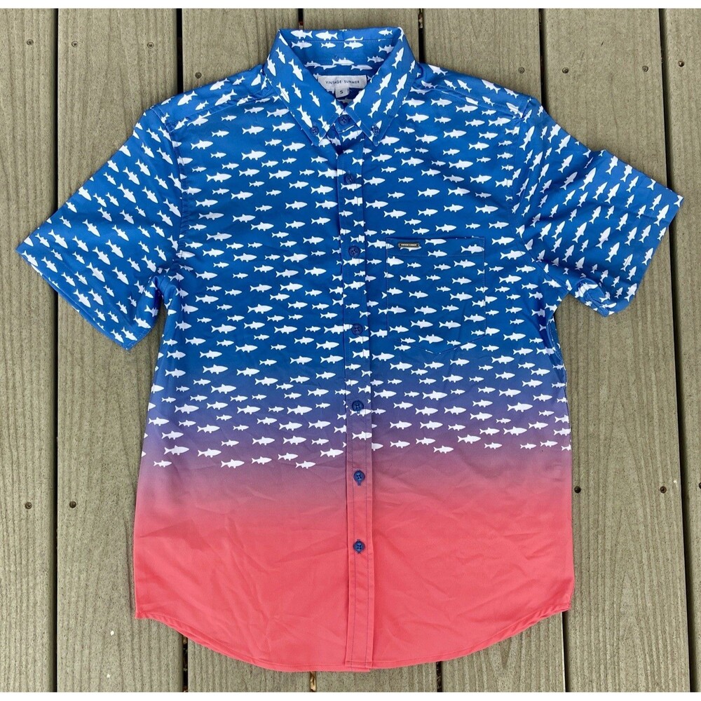 Vintage Summer Shark Print Button-Up Shirt Blue Red Ombre Vacation Shirt Small